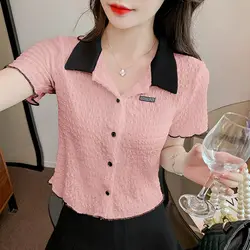 Women's Short Sleeve Shirts, Elegant Turn-Down Collar, Slim Tops, Temperament, All-Match, Simplicity, Summer Clothes, New Style