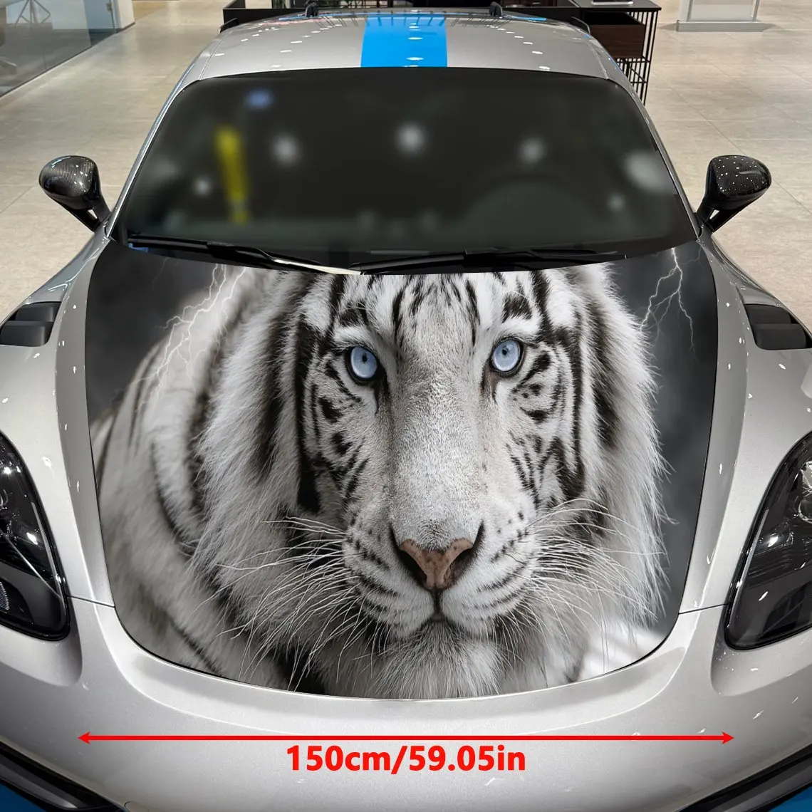Striking Blue - Eyed White Tiger Car Hood Stickers - Self-Adhesive, Waterproof and Durable Vinyl Wrap, Decorate And Protect Your