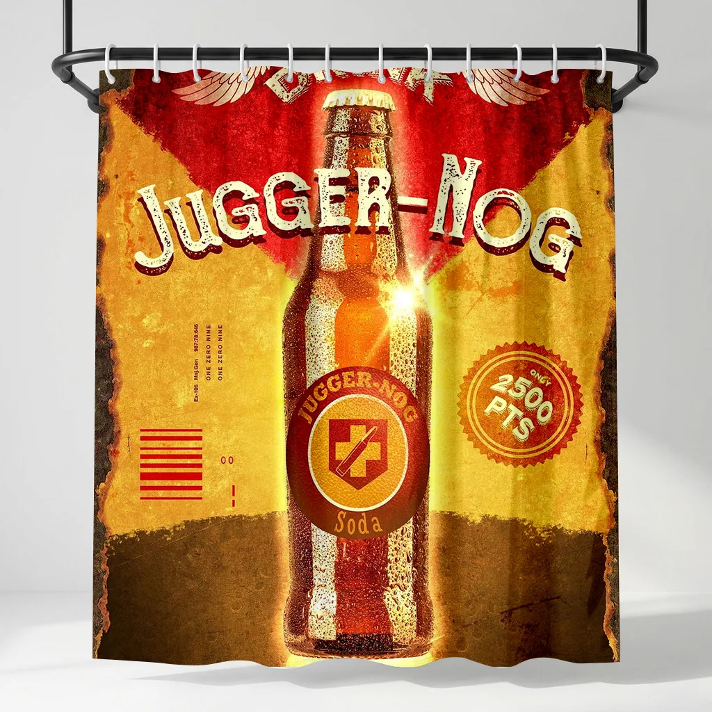 

Retro Jugger-Nog Soda Bottle Shower Curtain, Vintage Perk-a-Cola Gaming Art, Industrial Rusty Style Bathroom Decor Accessory