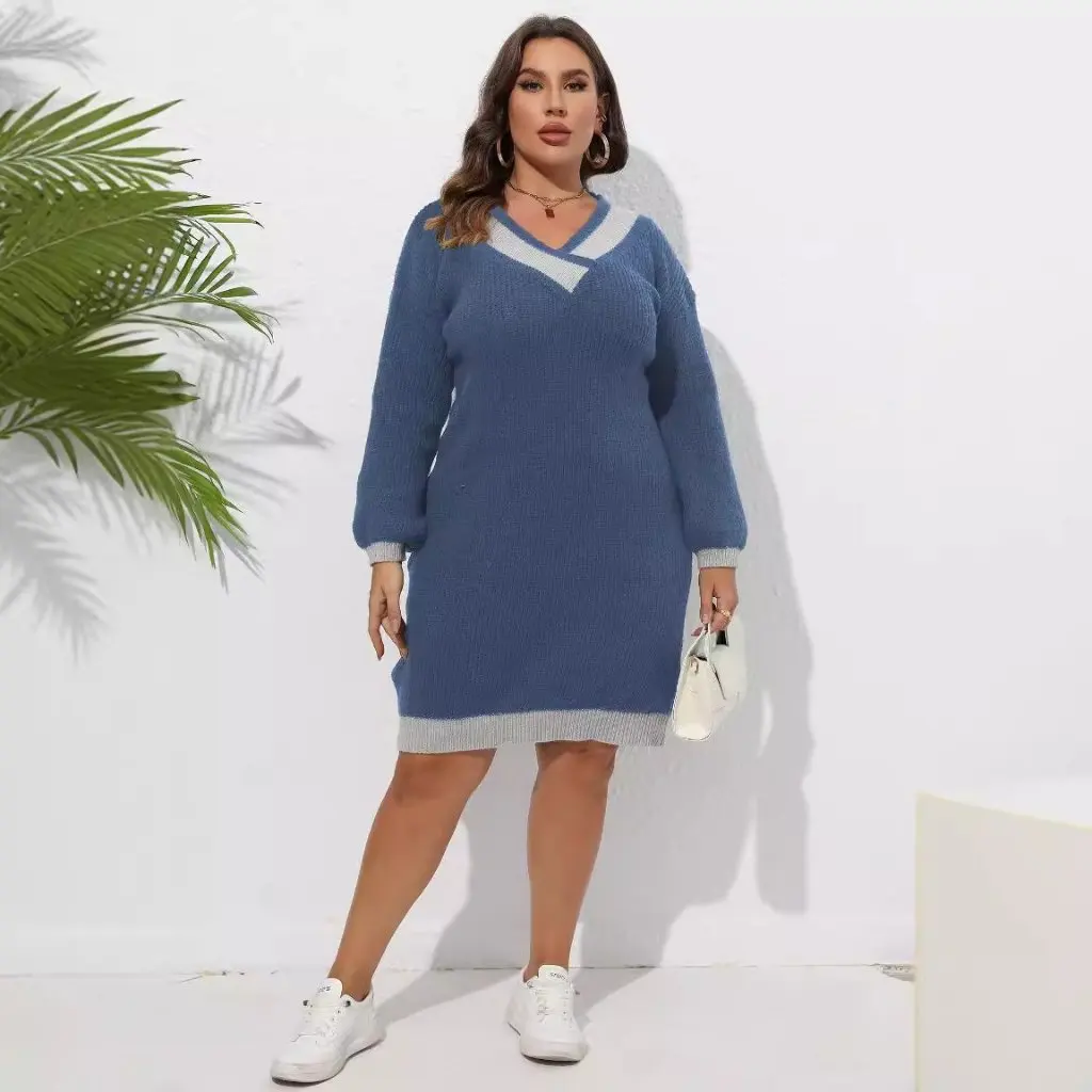 Women's Large Size V-neck Woven Sweater Dress European American Style Contrast Color Stitching Hip Sweater