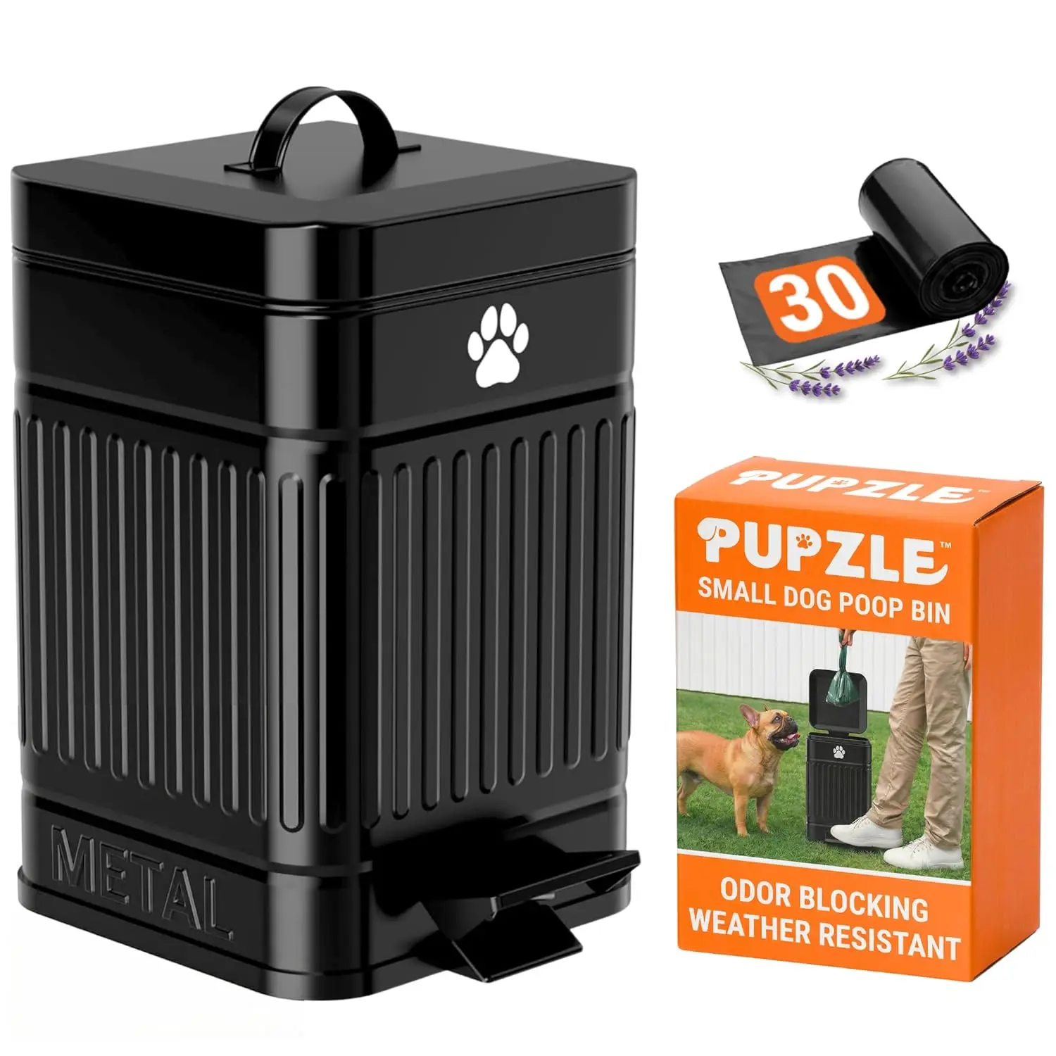 

Small Metal Dog Waste Trash Can with Lid, Odor Control & Waterproof for Outdoor Use, Includes 30 Bags (Black)