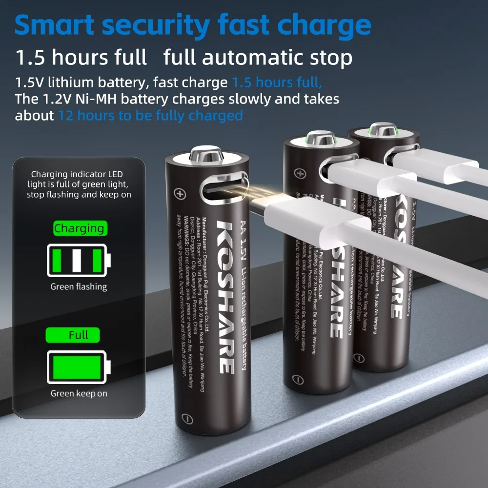 KOSHARE AA 1.5V Lithium ion Rechargeable Battery 2400mWh USB Type-C Lithium AA Battery Used for Microphone Clock+Type-C Cable