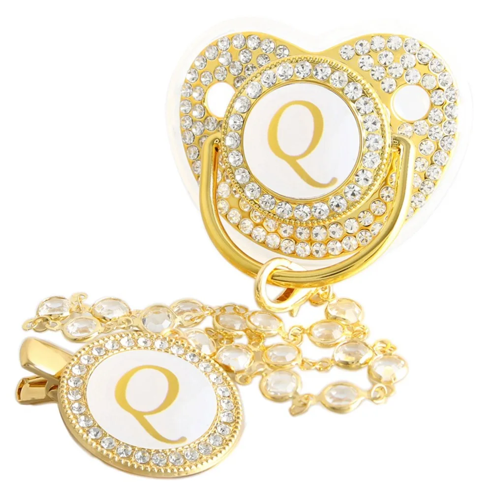 Goldener Baby-Schnuller mit 26 Anfangsbuchstaben und Diamantkettenclip