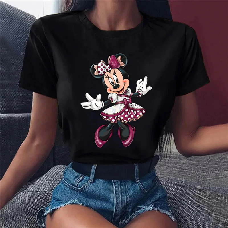 Disney Pink Minnie Mouse Print T-Shirt Women Black Tops Female Summer Short Sleeve Ladies T-shirt Casual O-neck Tees Tshirt