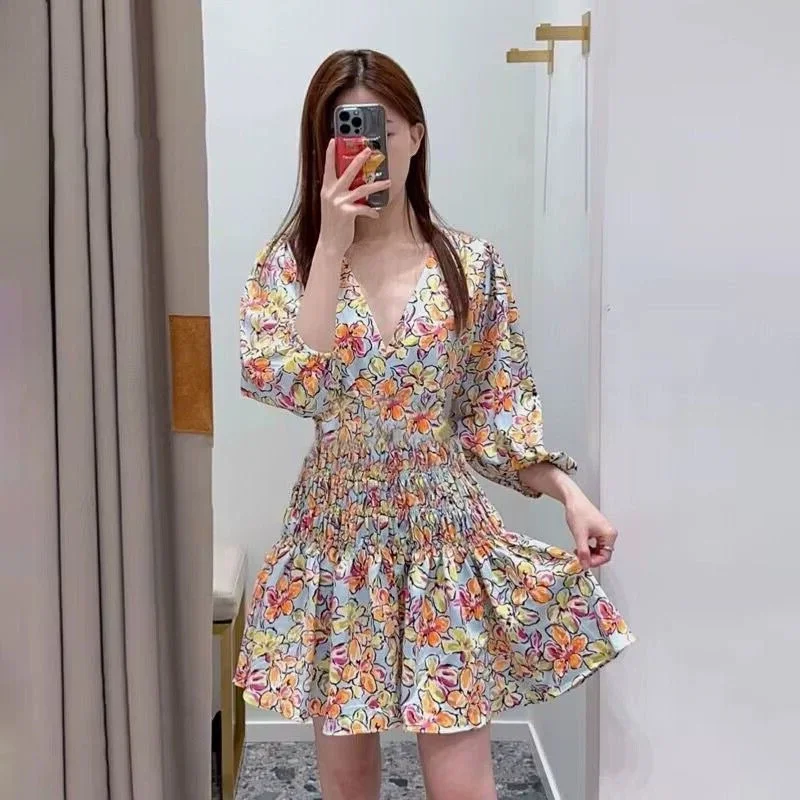 Women Floral Print Mini Dress V-Neck Waist Hollow out Lantern Sleeve Holiday Robes