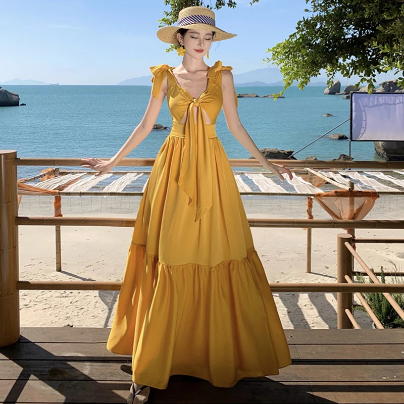 Sexy Fashion Bohemia Yellow Long Dresses For Women 2024 New Summer Beach Vacation Sleeveless Bandage Slim Big Swing Dress Female