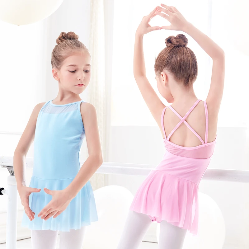 Girls Ballet Leotards Mesh Splice Dance Leotard Slip Dress Vest Cross back Leotards Bodysuit Pink Straps Gymnastics Swimsuit