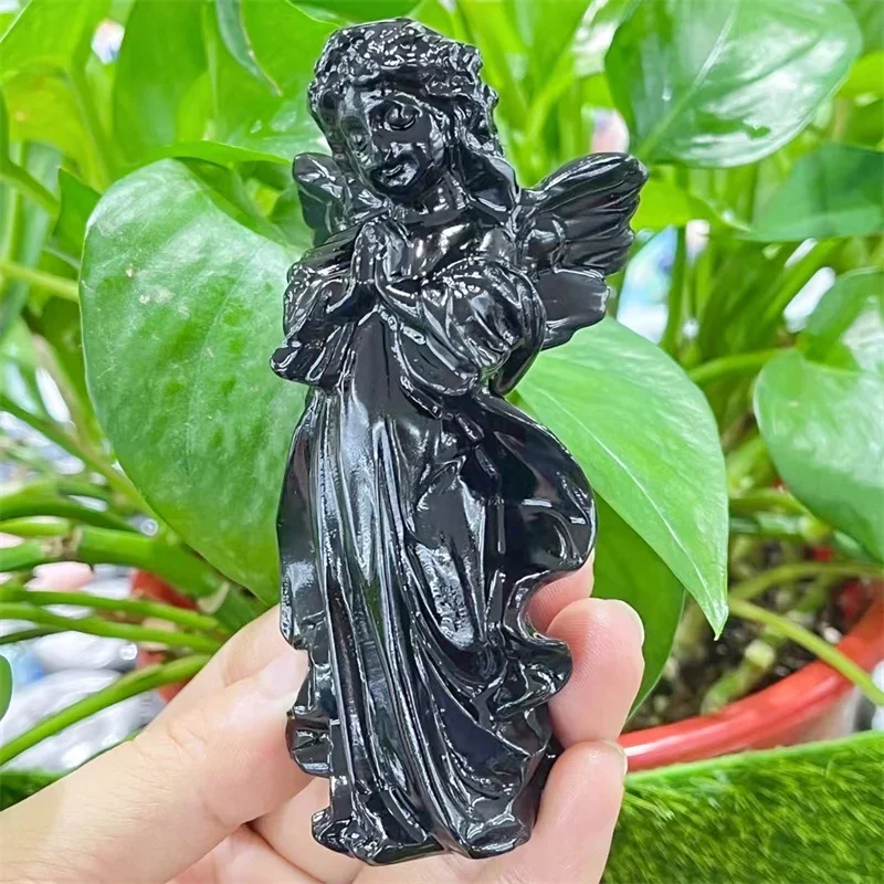 

10CM Natural Black Obsidian Angel Figurine Hand Carved Healing Stone Gemstone Reiki Home Decor Crystal Craft Gifts 1pcs