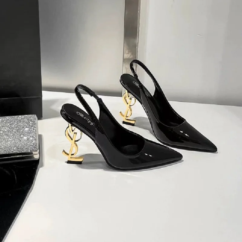 High-heeled Sandals with Letters for Women, Platform Shoes, Black, Sexy, Baotou, Pointy, Goddess, New, 2024