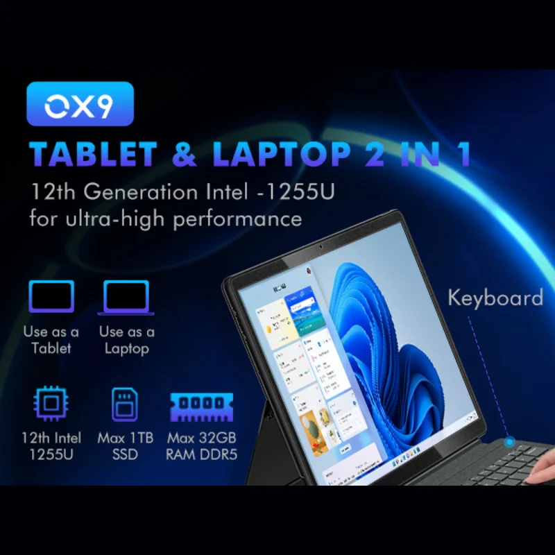 شاشة Uogic مقاس 13 بوصة تعمل باللمس I5 1235U X86 معالج 16 جيجابايت + 1 تيرابايت 2 في 1 كمبيوتر لوحي لنظام التشغيل Windows 11 Pro