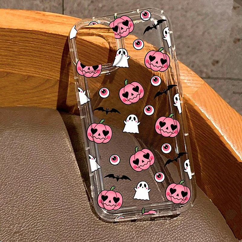 Halloween Pumpkin Ghost Transparent Phone Case For iPhone 11 12 13 14 15 16 Pro Max XS X XR 7 8 Plus SE 3 2022 Soft Airbag Cover