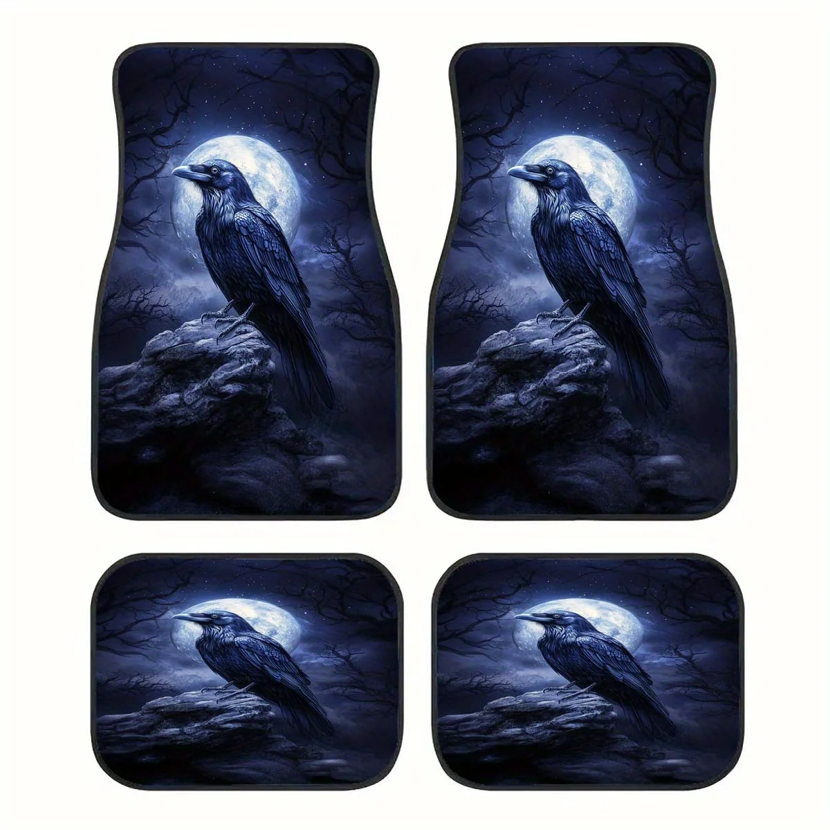 4pcs, Car Floor Mats With Raven Print - All-Season Use, Moonlit Raven Design, Easy To Clean And Stylish, Fussmat Car Interior Ac