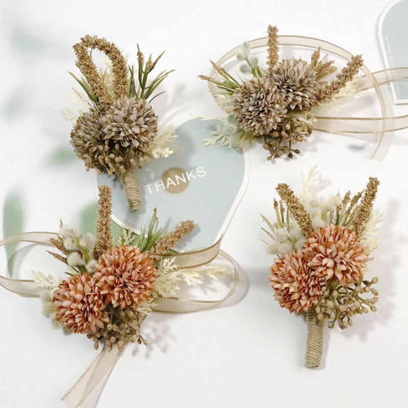 Fleurs de poignet uniques, corsage et boutonnières de mariage faits à la main, broche, fleur artificielle, pour mariée et marié, pour demoiselle d'honneur