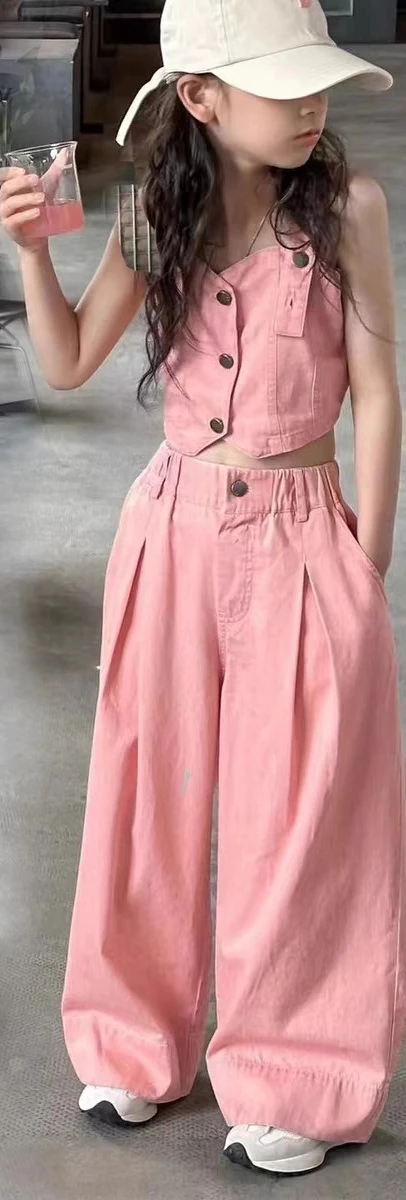Baby Girl Summer New Style New Children's Fashion Cowboy Suit Fashion Strap Straight Leg Pants Kids Two Piece Set