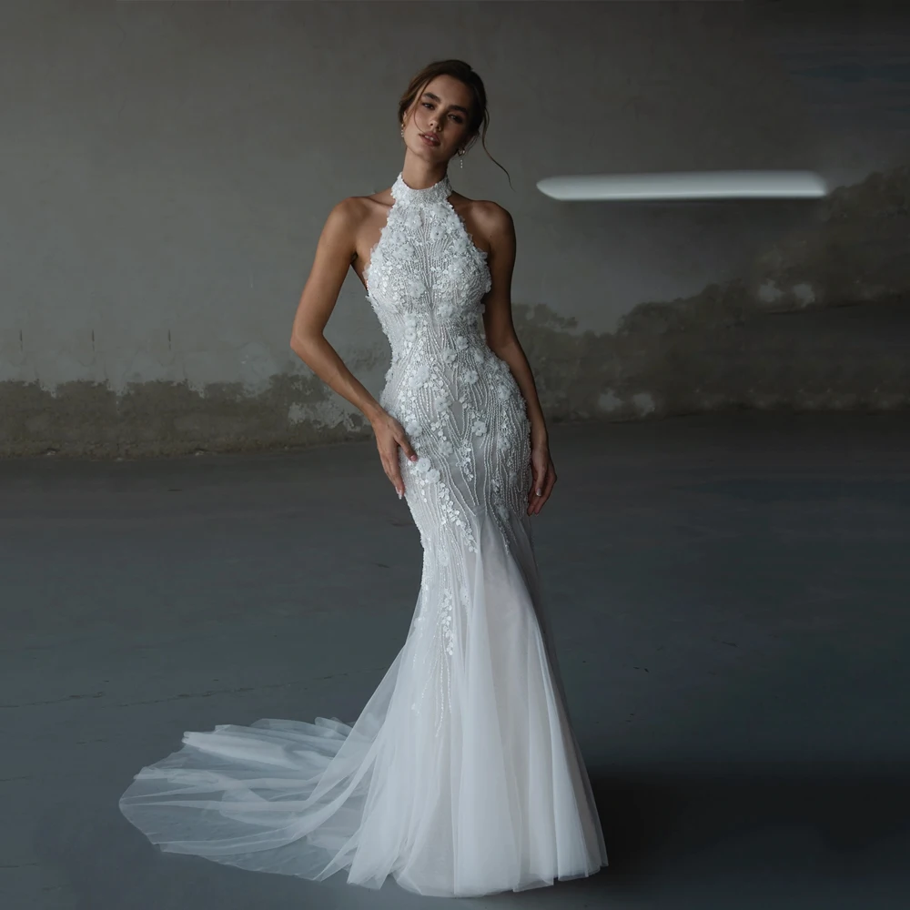 

Flowers Wedding Dresses 2025 Luxury Mermaid Beaded Sleeveless Tulle Bride Gowns Backless Halter Neck robe de mariée Customized