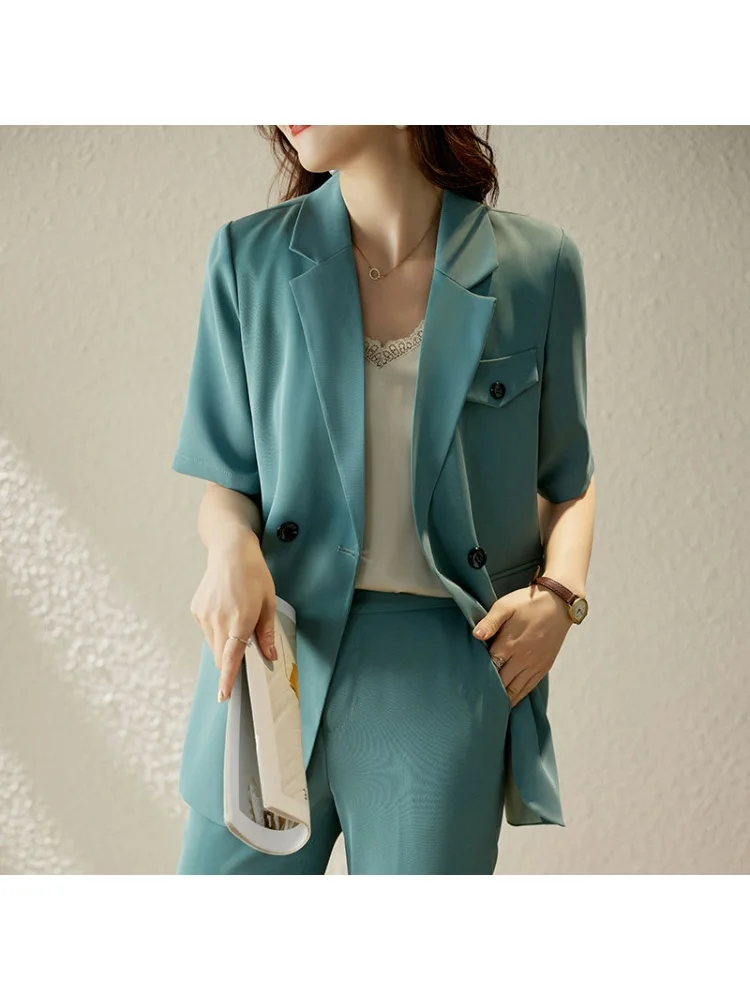 2024Summer Suit Women's Korean-Style Loose Slimming Short Sleeve Suit Coat Double-Breasted Manager Management Work Clothes Women