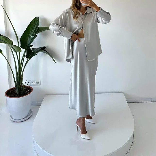 Women Dress Sets Two Pieces Turn Down Collar Single Breasted Solid Blouses Ankle Length Skirts Basics Loose 2024 Summer