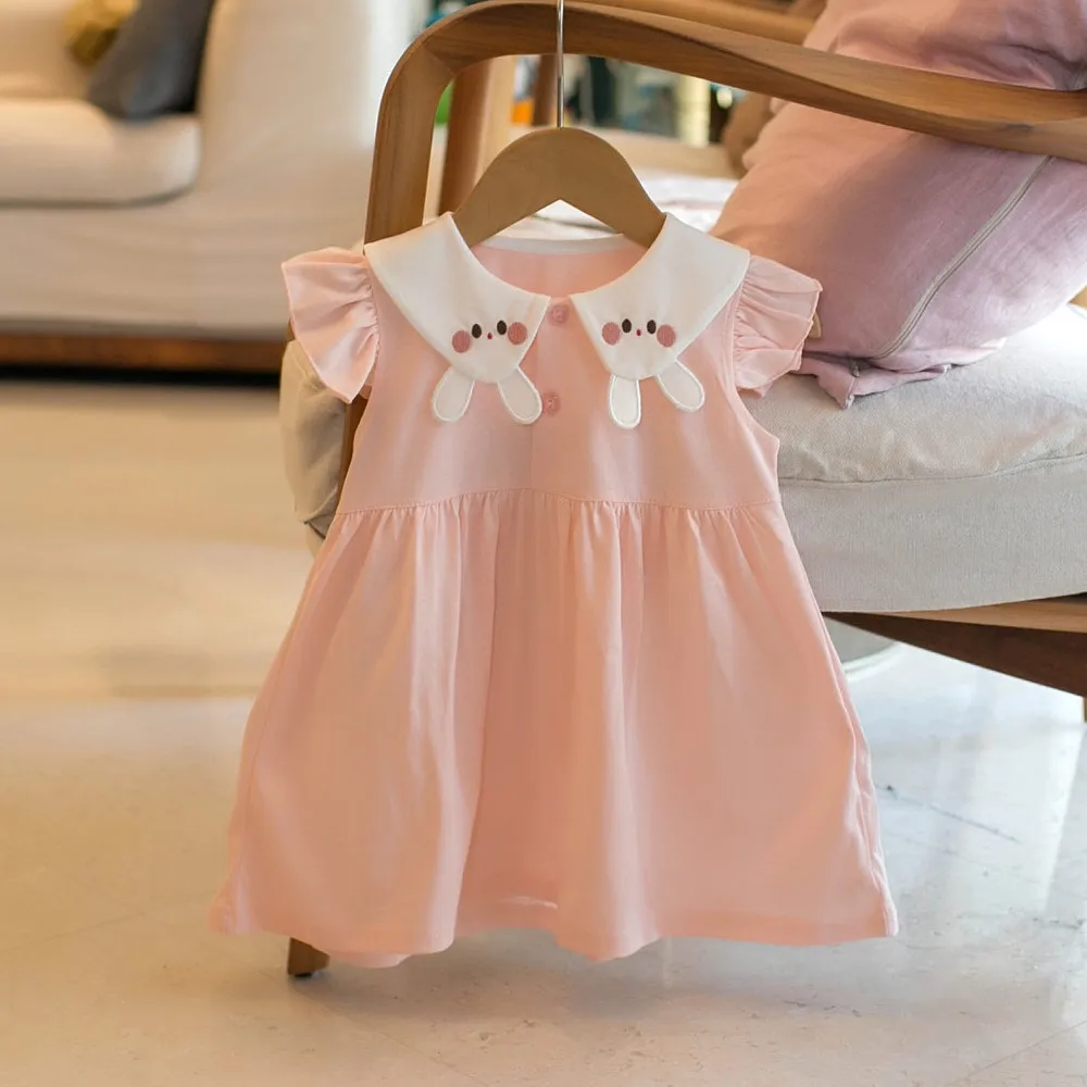 

0-5T summer clothes baby girl dress cotton toddler clothes Cartoon bunny style lapel dress short-sleeved dress