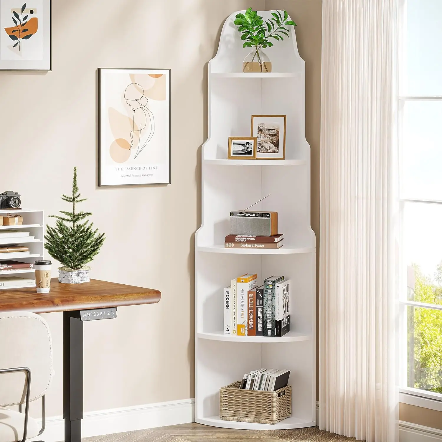 5-Tier Corner Shelf, 68.9-Inch Tall Modern White Corner Bookshelf, Free Standing Small Bookcase Plant Stand Storage Rack