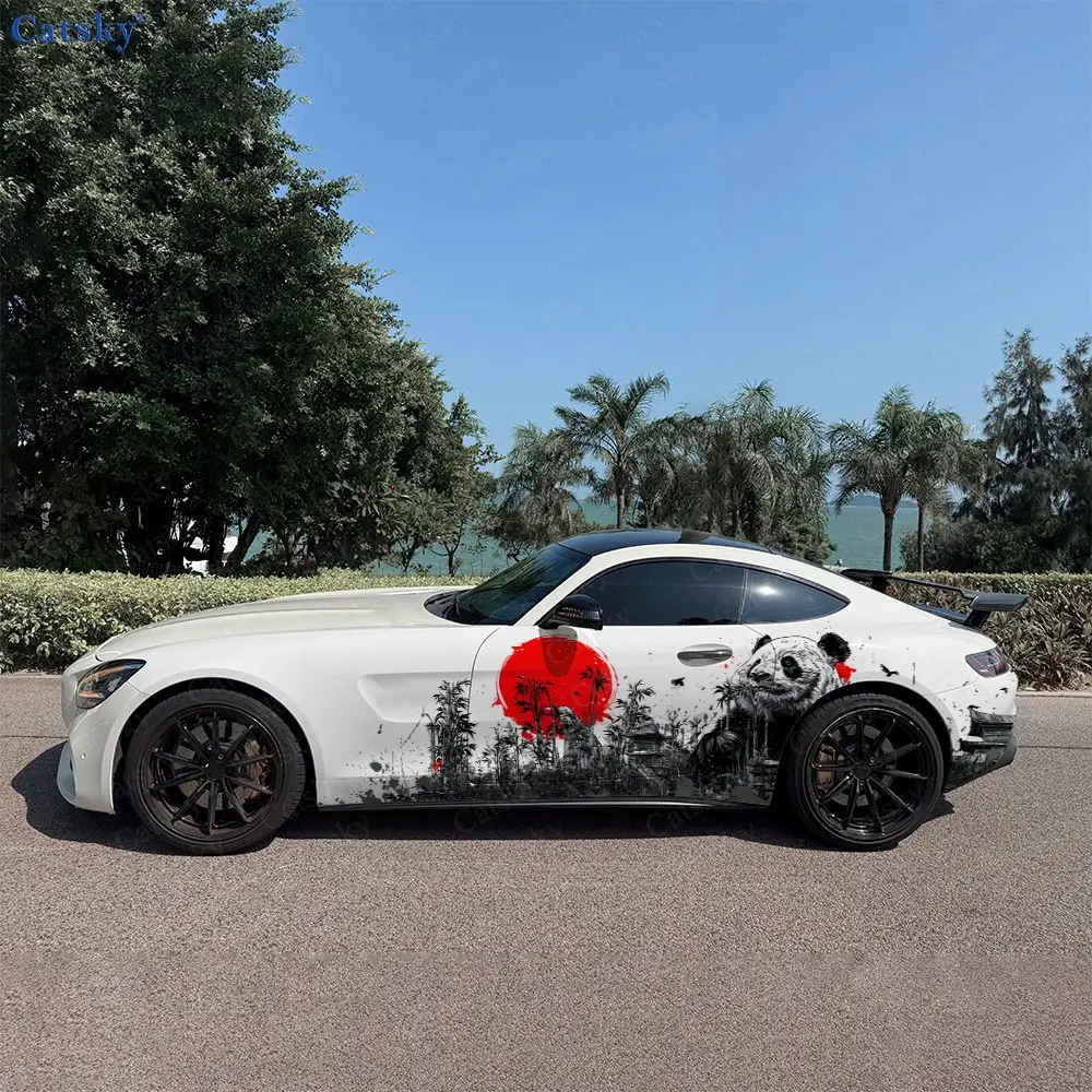 2pcs Ancient Architecture & Bamboo Panda Car Side Wrap, Self-Adhesive PVC Waterproof & Scratch-Resistant Stickers, Car Accessory