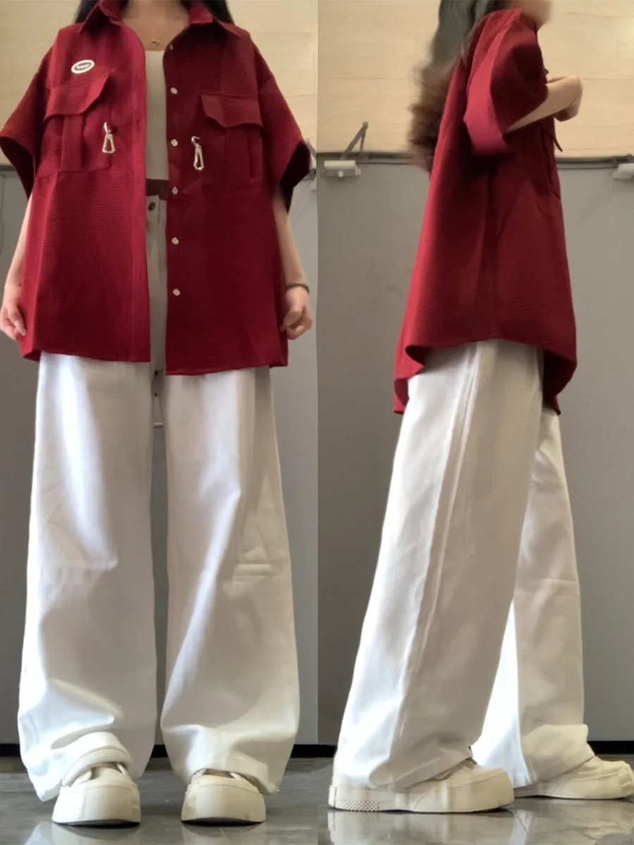 

Retro Japanese Design Red Short Sleeve Loose Women's Shirt Summer New Style College Wind Trendy Top Korean Version Button Detail