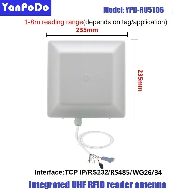 Yanpodo Gen2 uhf rfid reader integrated antenna 7dBi long range 1~8m with RS232 RS485 WG26 TCP/IP access control free C++ sdk