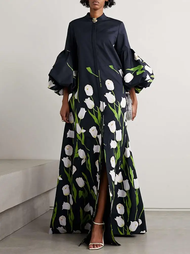 Yeezzi Vrouwen Elegante Bloemen Bedrukte Shirts Lange Jurken 2024 Nieuwe Lente Stand Kraag Lantaarn Mouw Single-Breasted Trenchcoats