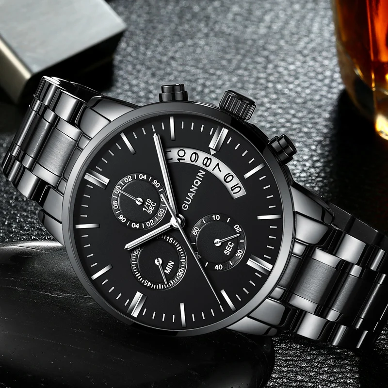 GUANQIN Top Brand Sport 50M Waterproof Chronograph Quartz Stainless steel watch for men Luminous Multifunctional Luxury Watches