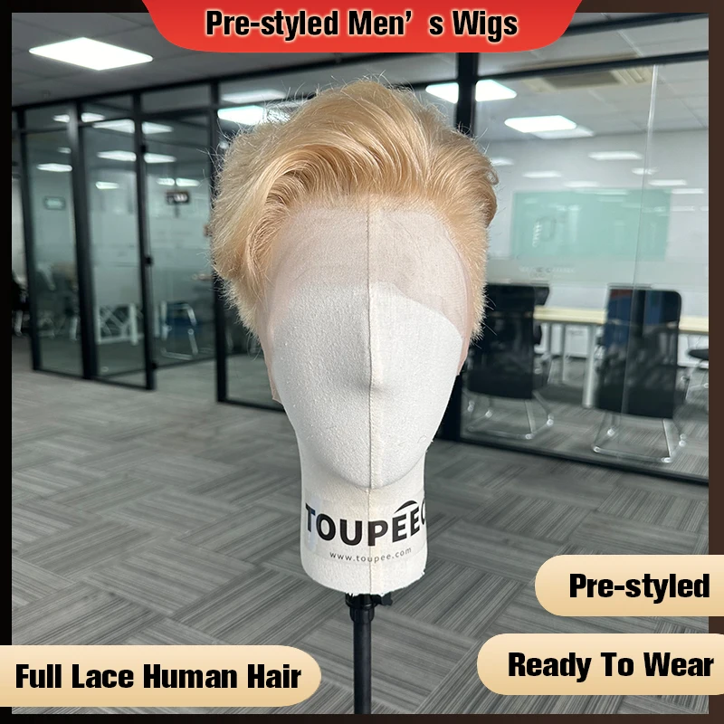 Ready To Wear Blonde Men's Wig Transparent Lace Full Lace Human Hair Wigs Curly Short Wigs For Men 613 Color 100% Human Hair Wig
