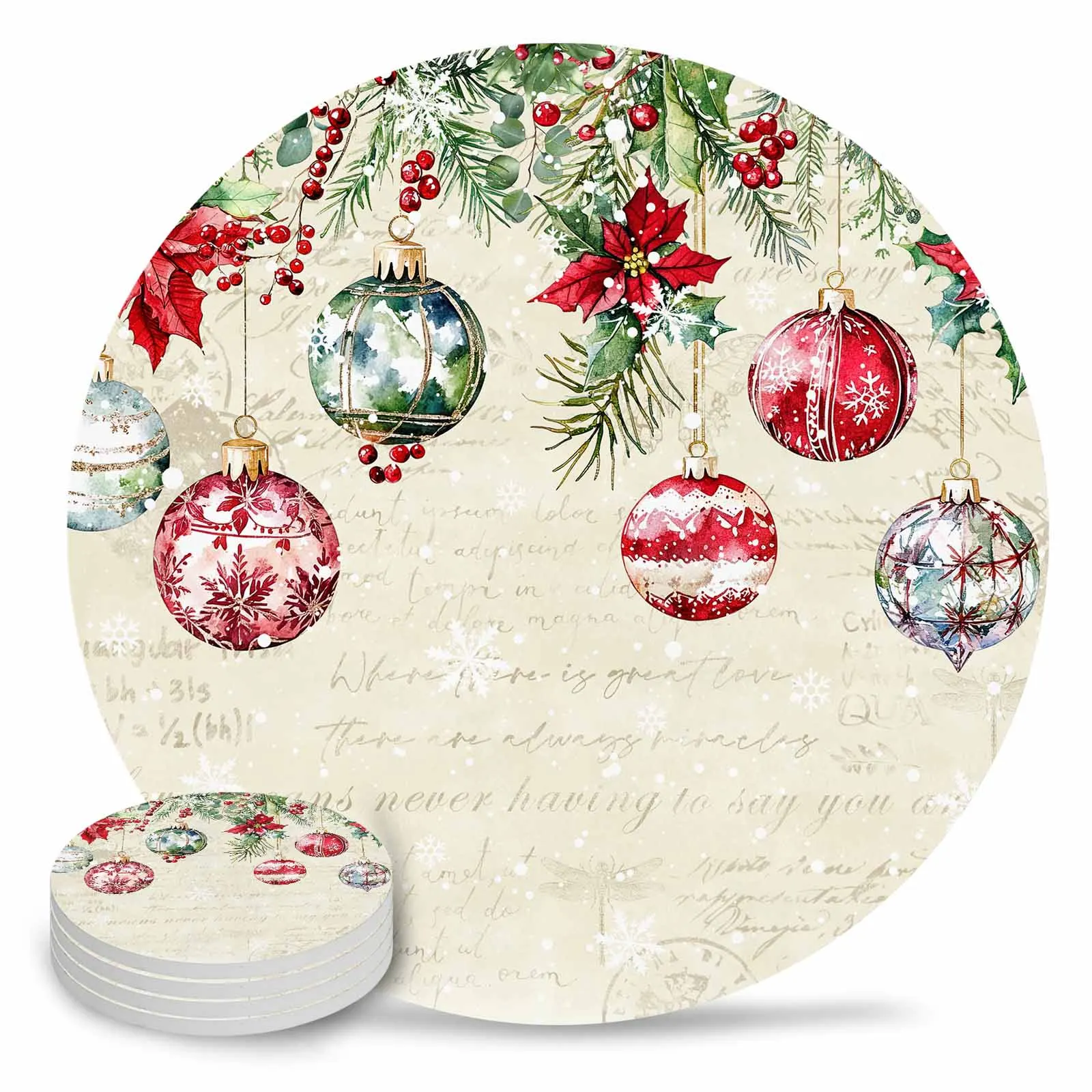 Poinsettia Berries Fir Christmas Balls Snowflakes Round Coaster Coffee Table Mats Kitchen Accessories Absorbent Ceramic Coasters