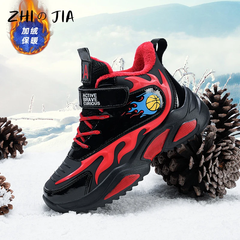 Children\'s Autumn Winter Leather Plush Sneaker Outdoor Casual Warm Shoes Running Shoes Boys Fashion Casual Basketball Shoes