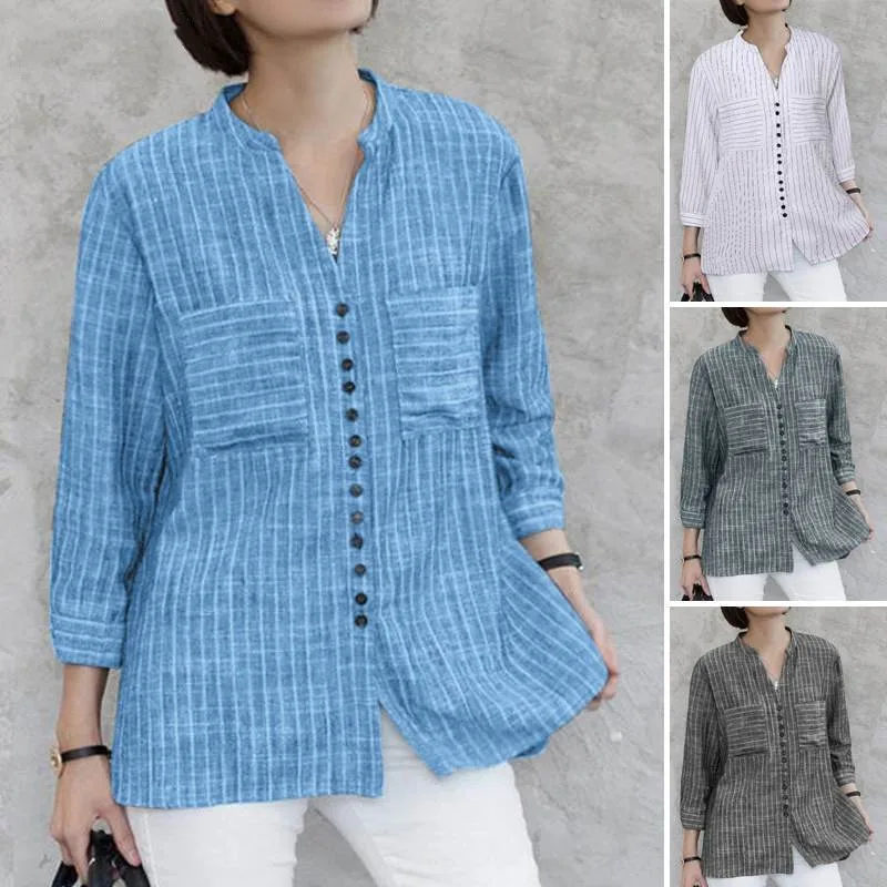 

Women Vintage Striped Blouse Summer 3/4 Sleeve Loose Shirt Fashion V-Neck Button Up Tops Elegant Blusas Femme Tunic Mujer