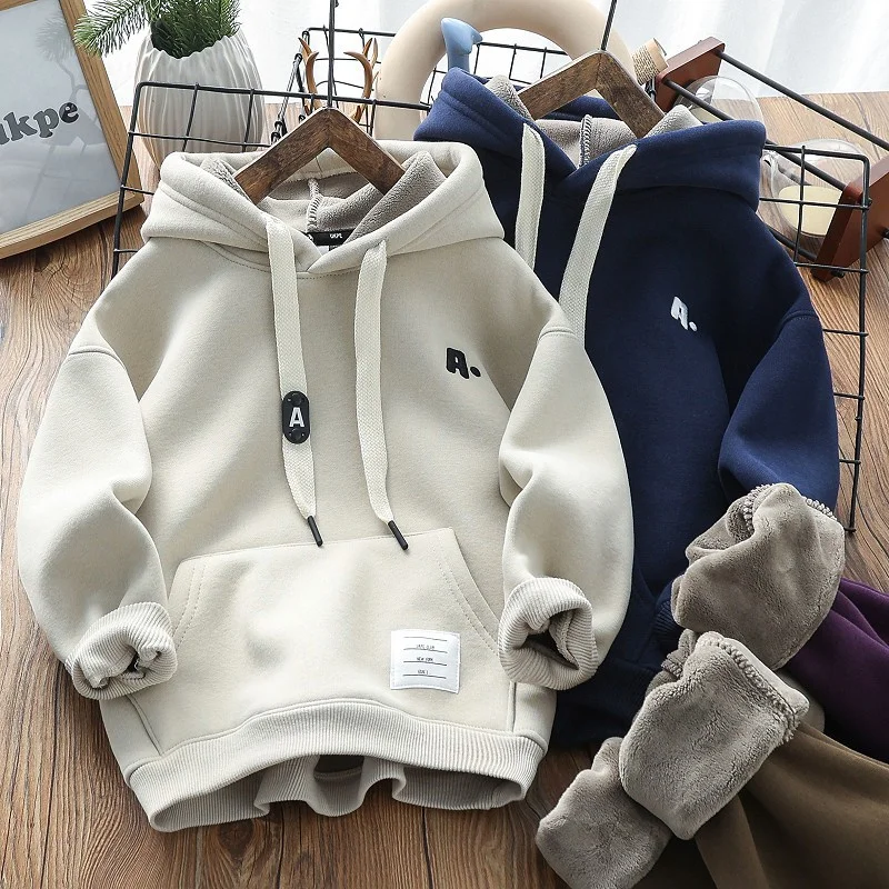 Winter Boys Hooded Sweatshirt Children Warm Thicken Hoodies 2024 New Kids Daily Casual Plus Velvet Coat Teens Fashion Clothing