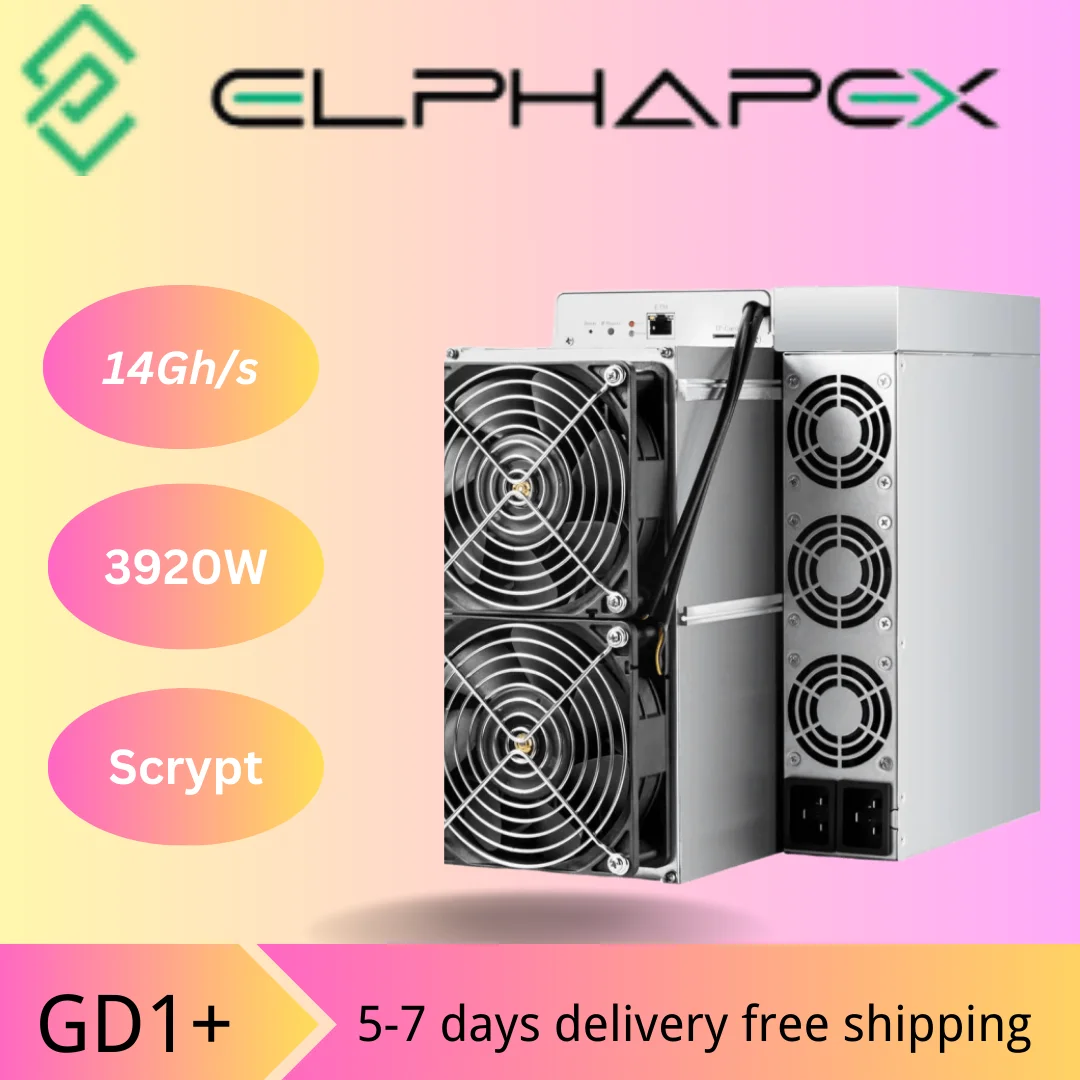 Modelo DG 1 + de ElphaPex mining, algoritmo Scrypt con una tasa máxima de hashrate de 14Gh/s para un consumo de energía de 3920W.