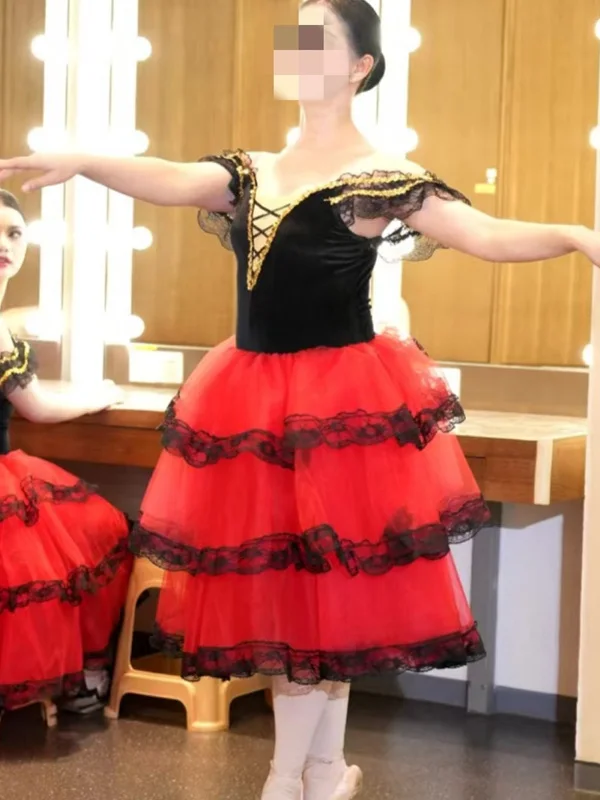 المهنية الباليه رومانسية توتو تنورة طويلة أسود أحمر اسبانيا فستان الفتيات الكبار الأطفال أداء ملابس الباليه للنساء