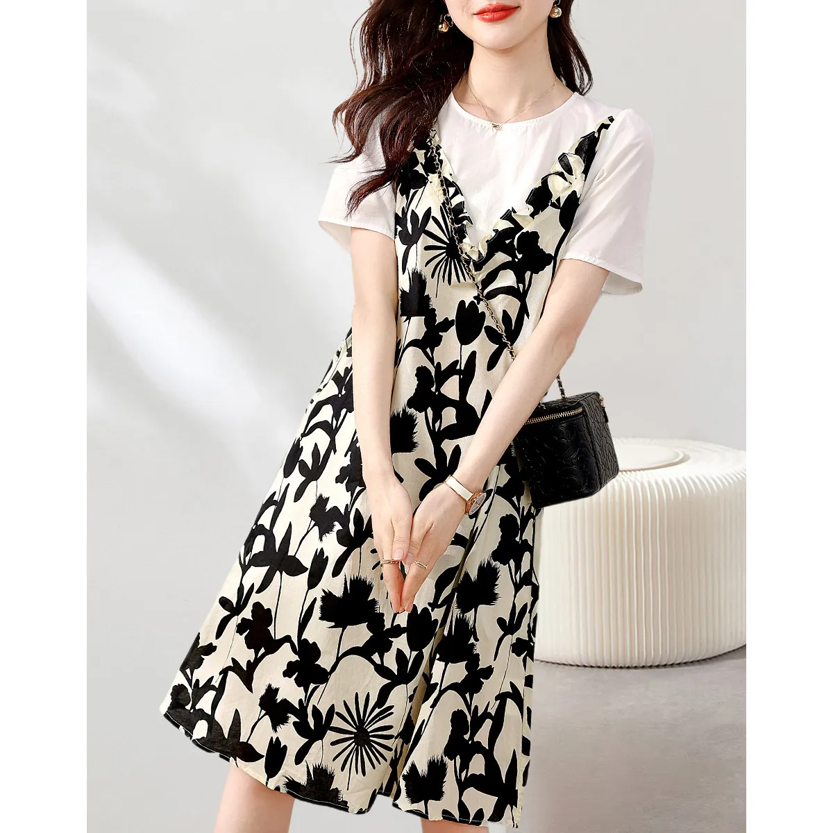 Print Patchwork False 2 Pieces Women'S Summer Dress 2024 New Casual O-Neck Short Sleeve Knee-Length Elegant Female Dresses