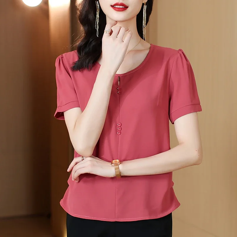

Women's Chiffon Short Sleeve Blouse Elegant Casual Button Decorated Summer Shirt