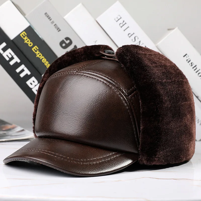 

X7034 Adult Warm Leather Hats Winter Bomber Hat Men Russian Brown Leather Ushanka Cap with Ear Flaps Fur Warm Genuine Cow Hats