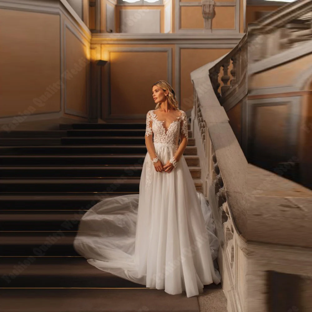 

Sexy Deep-V Neck Tulle Women Wedding Dresses Modern A-Line Bridal Gowns Elegant Lace Sleeves Banquet Vestido De Novia Customized