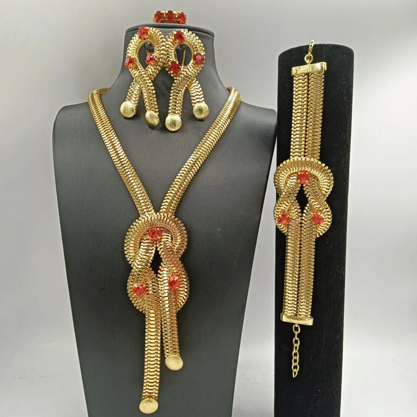 4Pcs Gold Plated African Jewelry Set Crystal Snake Knot Necklace Earrings Bracelet Ring Women Wedding Party Statement Jewelry