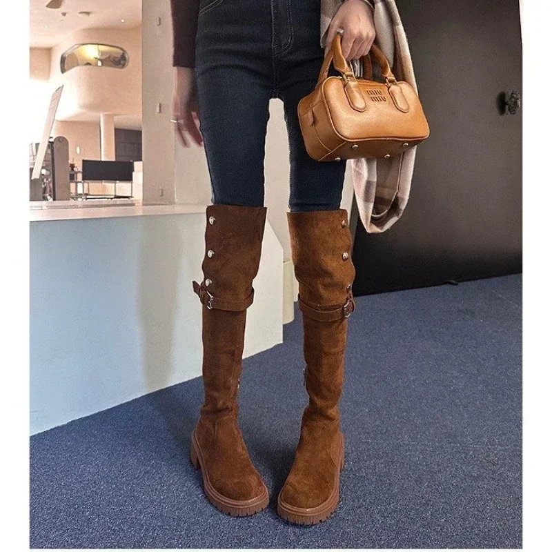 Autumn New Women\'s Over The Knee Boots Fashion Round Toe Chunky Heel Suede Riding Boots for Women Dress Ladies Platform Shoes