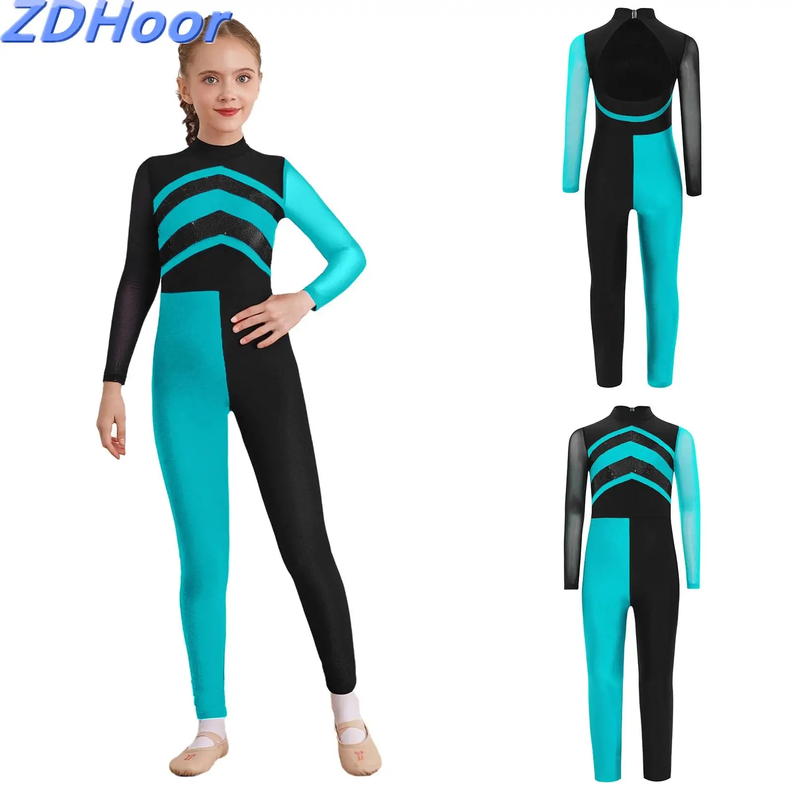 

Kids Girls Color Block Gymnastics Jumpsuit Shiny Sequins Dance Jumpsuit Mock Neck Sheer Mesh Long Sleeves Cutout Back Bodysuit