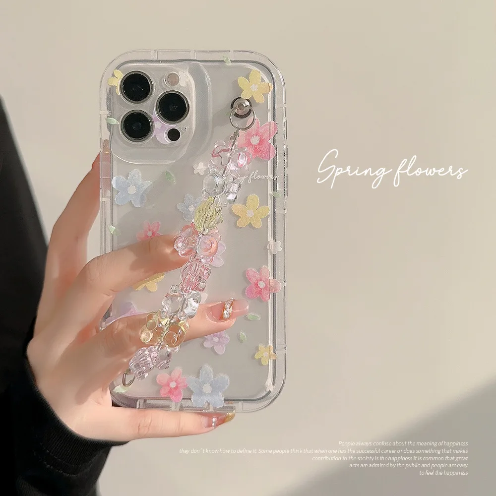 Luxus Blume Niedlichen Cartoon Bär Armband Telefon Fall Für iPhone 13 12 11 14 16 15 Pro max Transparente Stoßfest Schutzhülle