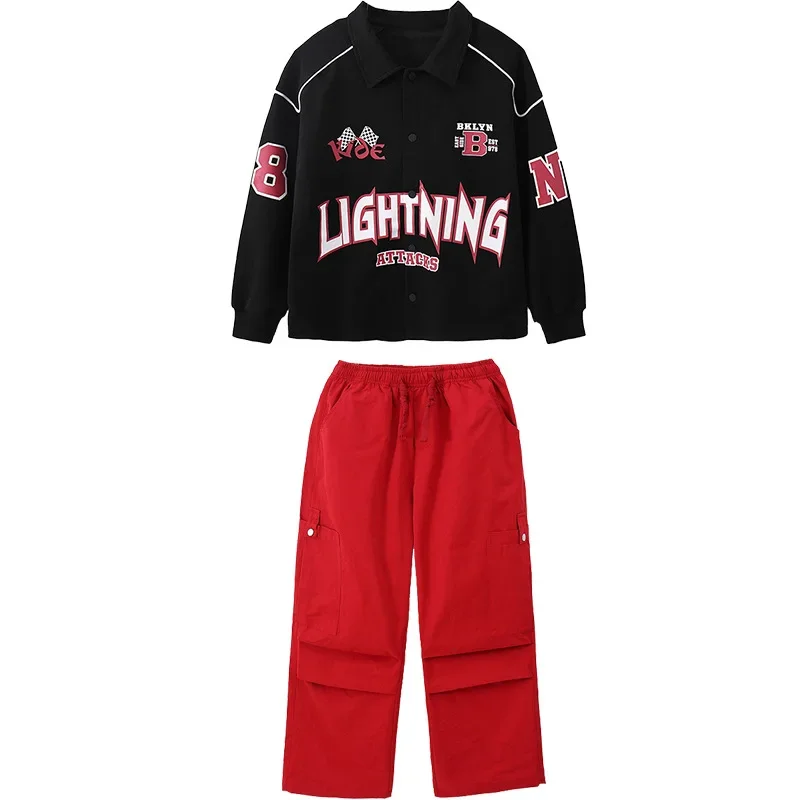 Kids Street Dance Costume Hip Hop Clothes Black Long Sleeve Tops Fashion Red Baggy Pants Teenagers Modern Dance Performance Wear