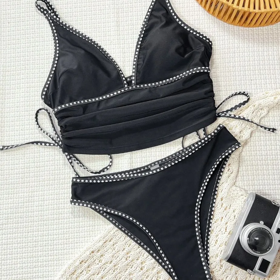 Women Black 2 Piece Bikini Set Thong Bathing Suits Deep V Long Cami Tank Top Side Tie High Cut Brief Beach Swimwear Bikinis