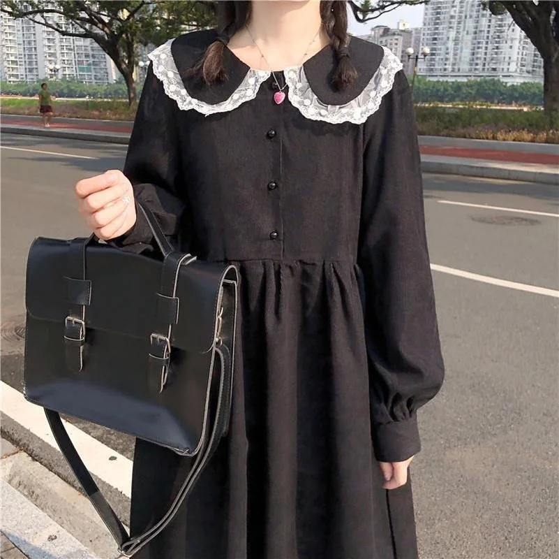 New 2022 College Style Sweet Peter Pan Collar Lace Dress Women Cute Japanese Mid-length Spring/Autumn Woman Dress