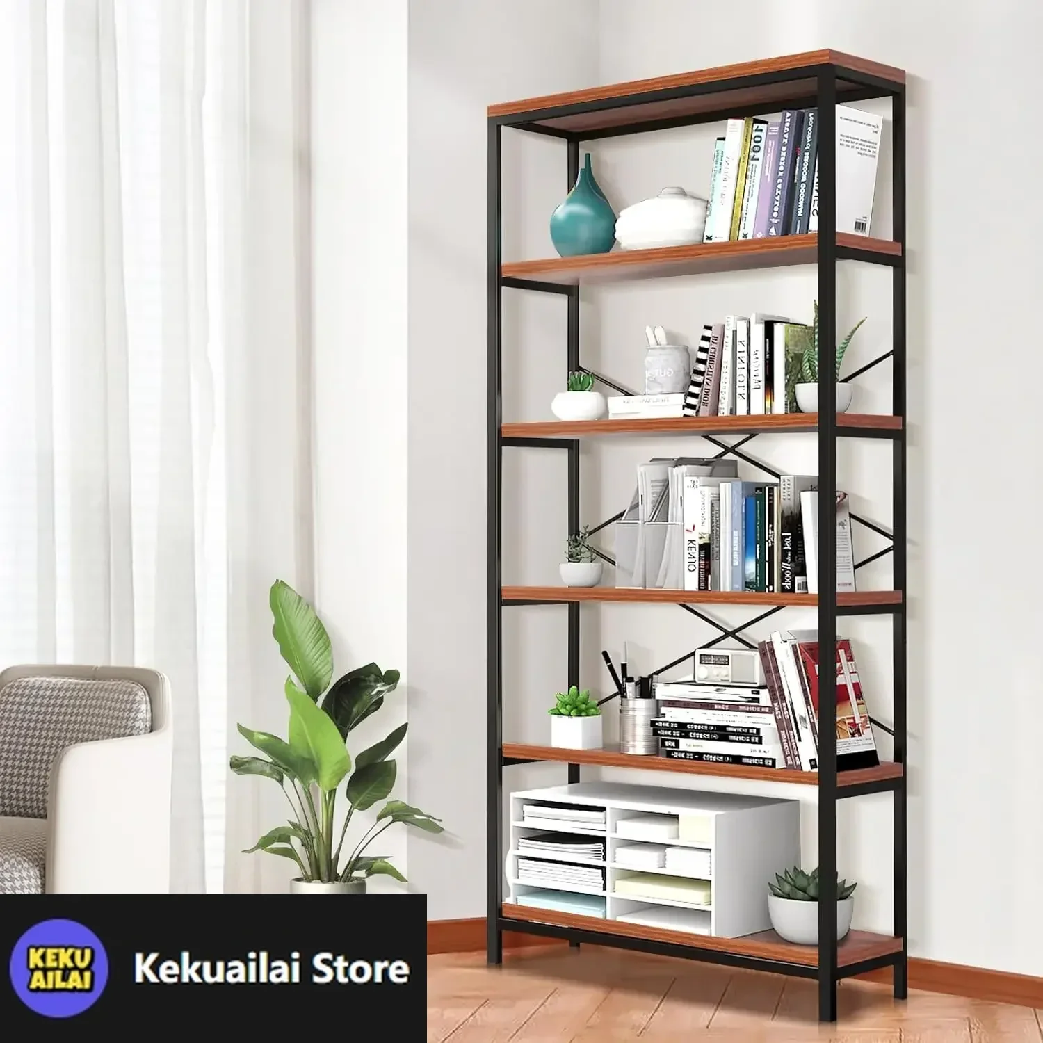 

6 Tier Industrial Bookshelf, Vintage Standing Storage Shelf, Display Shelving Units, Tall Bookcase, Industrial Metal Book