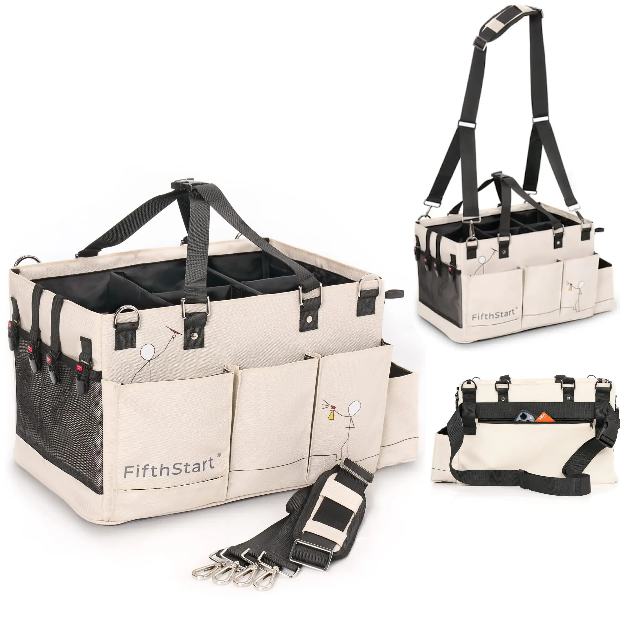 

Большая бежевая сумка-органайзер для уборки, с регулируемыми отделениями и ручкой, с ремнем для использования в автомобиле и при уборке дома