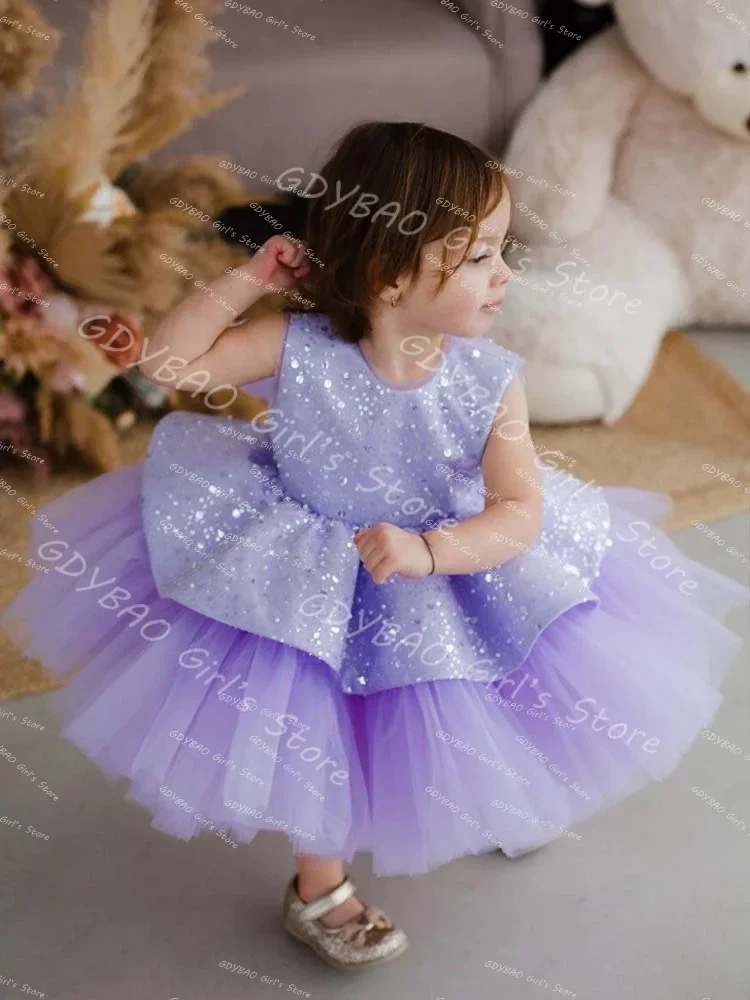 Vestido de princesa lavanda para niñas, vestidos de cumpleaños de tul escalonados, lentejuelas brillantes, longitud del té, ropa para niños pequeños, vestidos hechos a medida