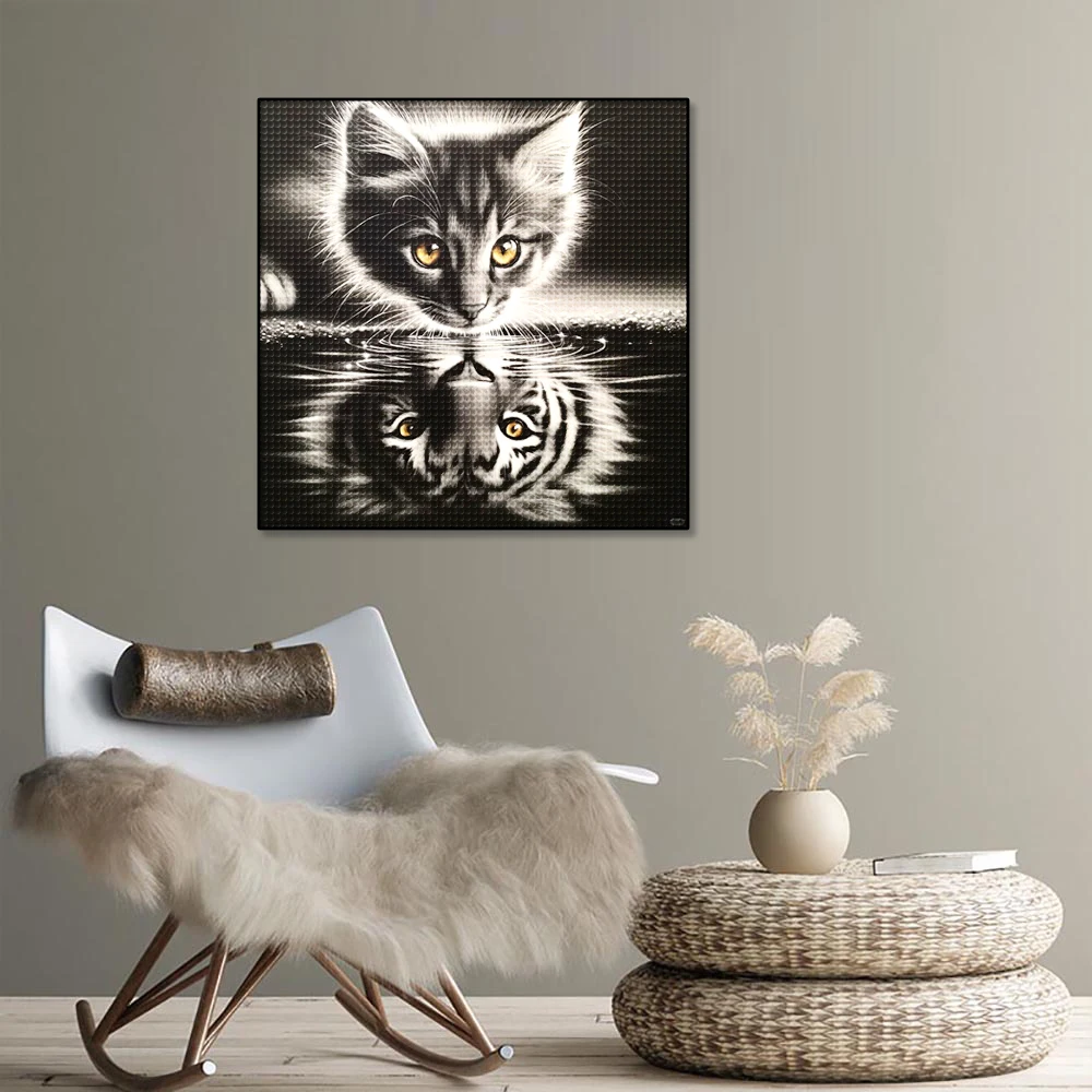 Pittura diamante riflettente gatto e leone Mosaico fai da te Ricamo Arte animale in bianco e nero Decorazione domestica Puzzle completo di strass